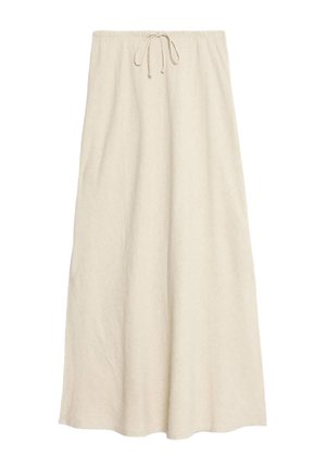 Cremfarbene lange Rock mit einem Kordelzugbund, hergestellt aus einem weichen, strukturierten Material. Verfügt über ein fließendes Design, das sanft fällt.