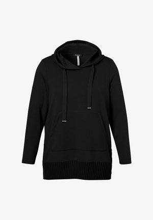 Zwarte hoodie met lange mouwen, een voorzak en een geribbelde zoom. Voorzien van koordjes en zijknopen. Soepele textuur.