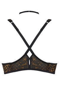 Schwarzer BH aus Leopardenmuster mit Spitzenbesatz, verstellbaren Trägern und einem kleinen Schleifendetail auf der Rückseite, mit überkreuztem Trägerdesign.