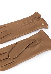 Braune Lederhandschuhe mit einer glatten Oberfläche, die dekorative Nähte und ein dezentes Bündchendesign aufweisen, begleitet von einem kleinen Logoakzent.