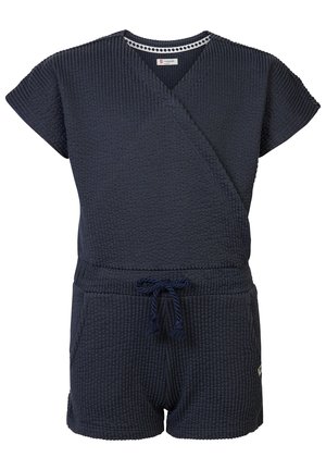 Marineblauwe romper met wafelstructuur, met een wikkelontwerp, korte mouwen, een trekkoord taille en twee voorzakken.
