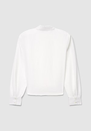 Weißes Hemd mit langen Ärmeln, glattem Stoff, klassischem Kragen und geknöpften Manschetten. Einfaches Design, gerader Schnitt, klare Linien.