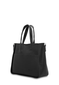 Borsa tote in pelle nera con superficie testurizzata, doppi manici e una tasca a contrasto. Presenta un design semplice e angolare.