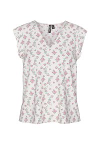 Top floreale bianco con scollatura a V e maniche corte con volants. Presenta fiori rosa e foglie verdi, realizzato in un tessuto leggero e morbido.