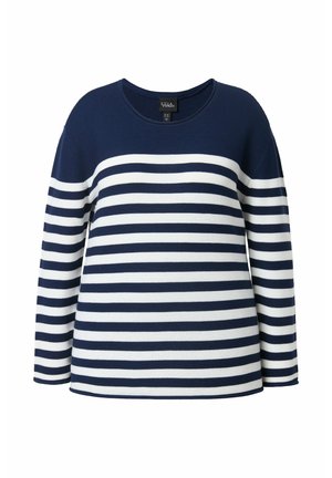Maglione a maniche lunghe blu navy e bianco con strisce orizzontali e scollo rotondo.