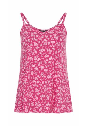 Roze mouwloos topje met dunne dubbele bandjes en een klein wit bloemenpatroon, losvallend met een lichte uitlopende zoom aan de onderkant.