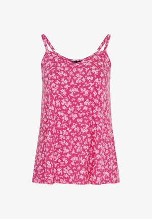 Roze mouwloos topje met dunne dubbele bandjes en een klein wit bloemenpatroon, losvallend met een lichte uitlopende zoom aan de onderkant.