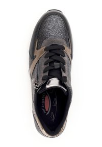 Black and gray sneaker with a sparkling upper, suede accents, and a metallic zip. Features a cushioned insole and textured laces.