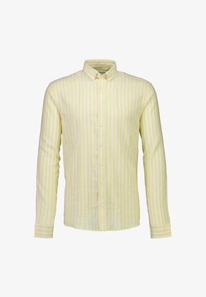 Gelb gestreiftes Langarmhemd aus leichtem Stoff, mit Knopfkragen und passenden Knöpfen entlang der vorderen Knopfleiste.