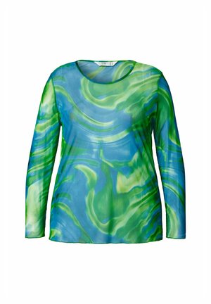 T-shirt à manches longues avec un motif en vagues dans des nuances de vert et de bleu, fabriqué à partir d'un tissu léger et transparent avec un col rond.