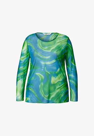 Langærmet top med et bølgende mønster i grønne og blå nuancer, lavet af et let, gennemsigtigt stof med en rund halsudskæring.