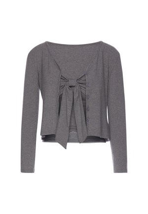 Grijze cardigan met lange mouwen, knopen aan de voorkant en een grote gebonden strik over een bijpassende binnenlaag.