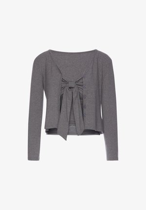 Grijze cardigan met lange mouwen, knopen aan de voorkant en een grote gebonden strik over een bijpassende binnenlaag.