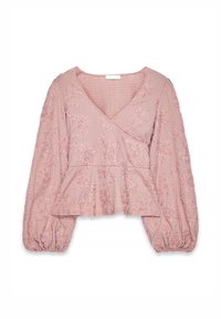 Rosa strukturierte Wickelbluse mit langen Puffärmeln, tailliertem Schnitt und floralem Hochreliefmuster.