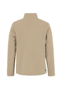 Beige fleece jack, lange mouwen, hoge kraag, gladde textuur en geen zichtbare sluitingen of zakken. Klein logo aan de onderkant.
