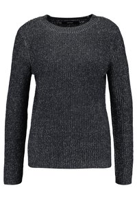 Schwarzer Strickpullover mit einer subtilen Textur, Rundhalsausschnitt und langen Ärmeln. Einfaches Design, keine sichtbaren Muster oder Verzierungen.