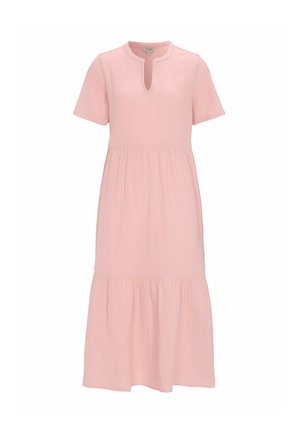 Light pink midi dress with short sleeves, round neckline with a small V-cut, and tiered skirt detail.