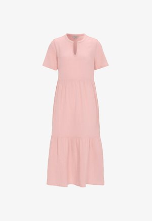 Robe midi rose clair avec manches courtes, encolure ronde avec une petite découpe en V et jupe à volants.