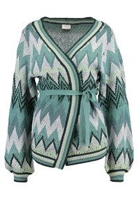 Stickad kofta med turkos, vit och grön zigzag-mönster, insvept stil med matchande bälte, långa ballongärmar och randiga ribbade mudd och fåll.