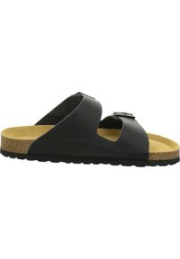 Black slide sandal with two straps and a cork footbed. Textured upper material, flat sole, and adjustable buckles for fit.