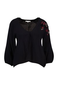 Schwarze gestrickte Strickjacke mit V-Ausschnitt, Ballonärmeln und floraler Stickerei auf einer Seite. Hat einen verkürzten Schnitt und eine offene Vorderseite.