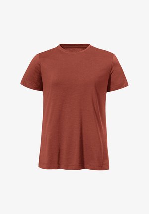 Kurzärmeliges Baumwoll-T-Shirt in Rostfarbe mit Rundhalsausschnitt, ohne sichtbare Logos oder Muster, auf weißem Hintergrund dargestellt.