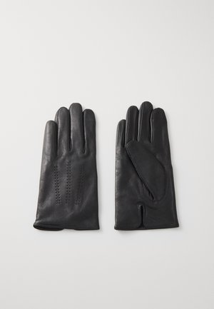 Zwarte leren handschoenen met vijf vingers, voorzien van decoratieve stiksels. De binnenkant heeft een zachte voering en een open wijsvingerdesign.