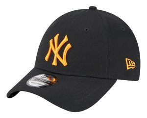 Black baseball cap with an orange embroidered “NY” logo and adjustable strap. Features a curved brim and textured fabric.