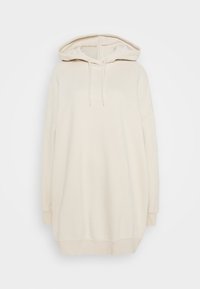 Sudadera con capucha, color beige claro, tejido suave, corte holgado, mangas largas, cordón en la capucha, dobladillo y puños acanalados. Sin patrones ni acentos.
