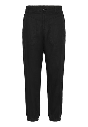 Pantalons en lin noirs au fit décontracté, dotés d'une taille élastique, d'une fermeture à bouton, de poches latérales et de poignets froncés.