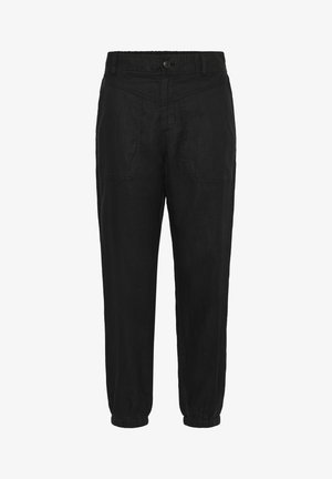Black linen trousers with a relaxed fit, featuring an elasticated waistband, button closure, side pockets, and gathered cuffs.