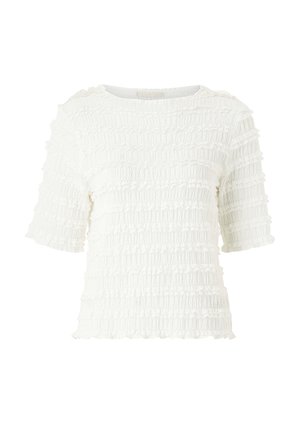 T-shirt blanc texturé avec un design smocké, manches courtes et bords froncés. Confectionné dans un tissu léger, avec un col rond.