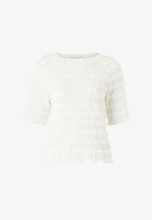 Weißes Textur-T-Shirt mit gerafftem Design, kurzen Ärmeln und gerafften Kanten. Hergestellt aus leichtem Stoff, mit rundem Ausschnitt.