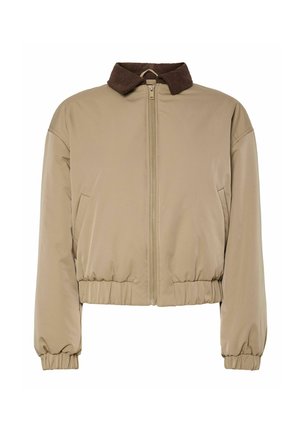 Giacca leggera beige con colletto in velluto a coste marrone, zip frontale, polsini elasticizzati e vita arricciata, mostrata su uno sfondo bianco.