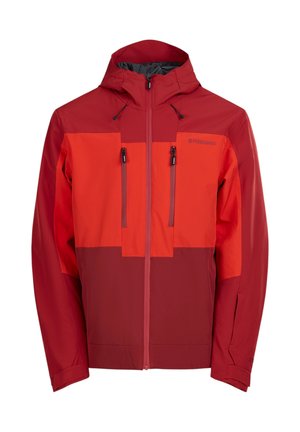 Rode waterdichte jas met een kleurblokontwerp in lichtere en donkerdere tinten rood. Inclusief twee ritszakken aan de voorkant en een verstelbare capuchon.