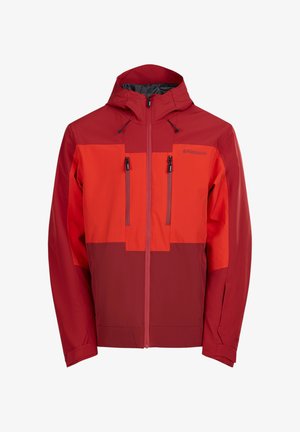 Röd vattentålig jacka med enfärgad design som har ljusare och mörkare nyanser av röd. Inkluderar två blixtlåsfickor fram och justerbar huva.