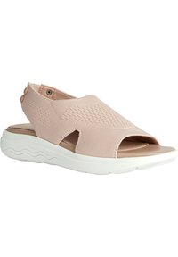 Sandal in tessuto rosa con punta aperta e design con ritagli, caratterizzata da una suola bianca flessibile e due decorazioni a bottoni sulla fascia posteriore.