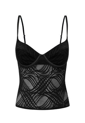 Zwarte kanten bralette met onderkapsels, verstelbare bandjes en een doorschijnend lijfje met golvende patroondetails.