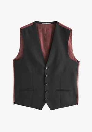 Črni formalni jopič z globokim dekoltejem v obliki V, petimi črnimi gumbi, dvema stranskima žepoma in notranjim podložnim materialom v maroon vzorcu.