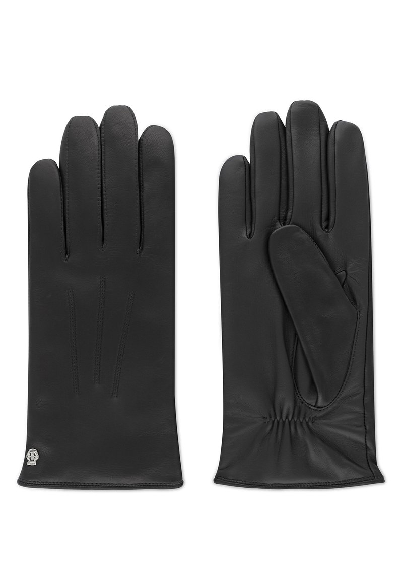 Gants en cuir noir avec une texture lisse, trois coutures sur le dos et poignet élastiqué pour un ajustement serré. Petit logo près du poignet.