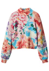 Jersey de cuello alto con un colorido patrón floral en rosa, azul y púrpura. Cuello alto acanalado, diseño corto y mangas largas.