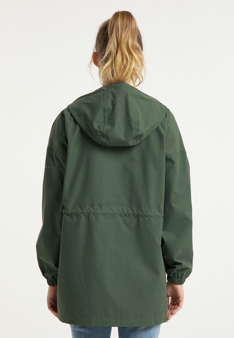 Grüne Kapuzenjacke mit elastischen Bündchen, tailliertem Schnitt und glatter Textur. Leichtes Design, ideal für verschiedene Wetterbedingungen.