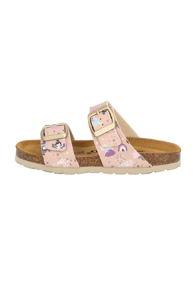 Rosa sandaler med två justerbara spännen, med ett färgglatt och lekfullt mönster av enhörningar och regnbågar på syntetmaterial.