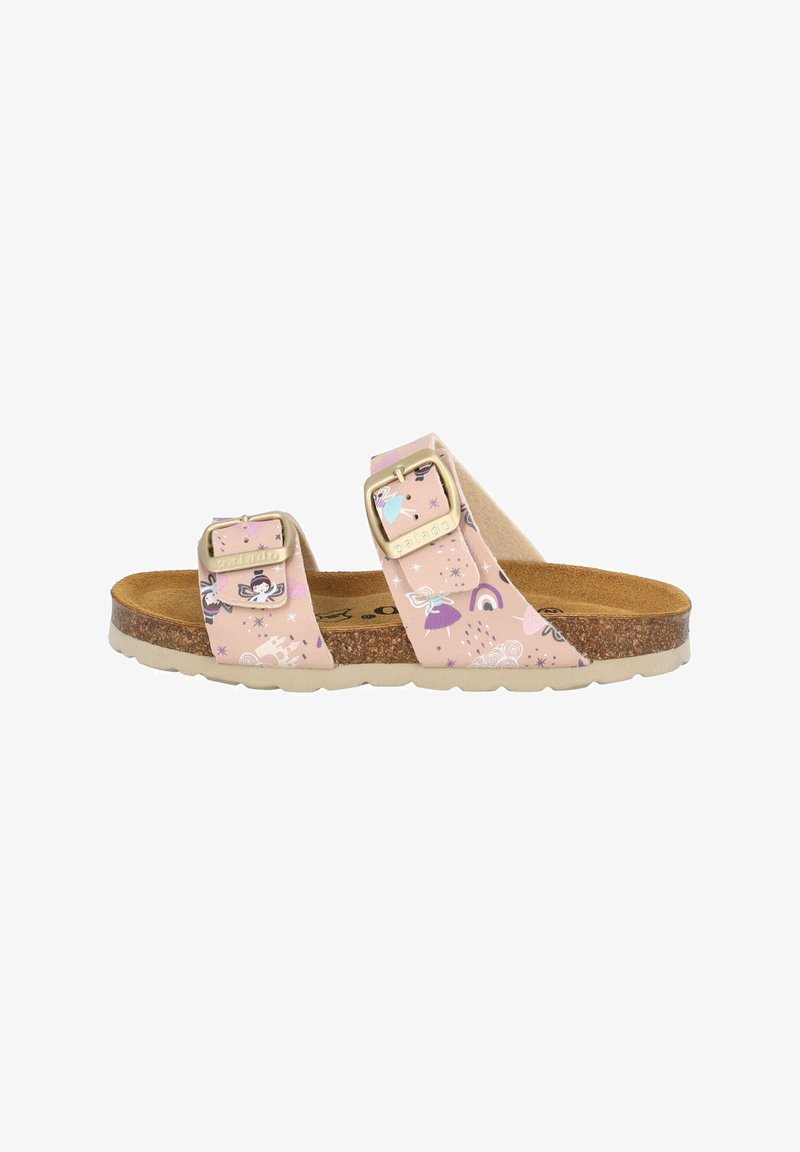 Rosa sandaler med två justerbara spännen, med ett färgglatt och lekfullt mönster av enhörningar och regnbågar på syntetmaterial.