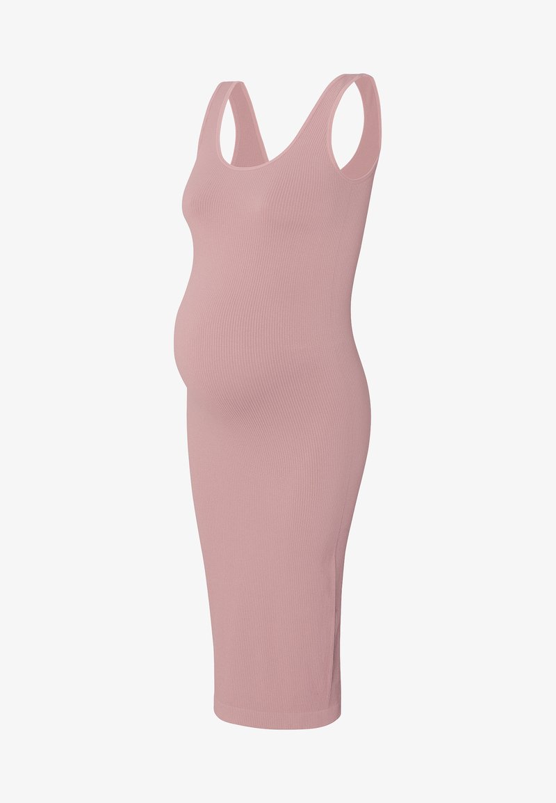 Schwangerschaftskleid aus weich pinkfarbendem Rippstoff, mit figurbetontem Schnitt, Rundhalsausschnitt und ärmellosem Design. Die Länge reicht bis zur Mitte der Wade.