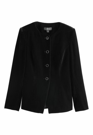 Black velvet blazer with a rounded neckline, long sleeves, and five silver hexagonal buttons. Smooth texture, straight cut, and tailored fit.