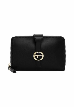 Black leather wallet featuring a zip closure, a gold circular accent, and a front strap. Smooth texture with minimalist design details.