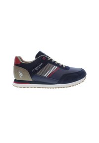 Zapatilla deportiva azul marino con un upper texturizado, acentos de ante, diseño a rayas y una suela de goma con un borde blanco en contraste.