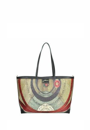 Borsa a tracolla con manici in pelle nera, caratterizzata da un design circolare vintage di una mappa in toni beige, rossi e neri con dettagli testuali.