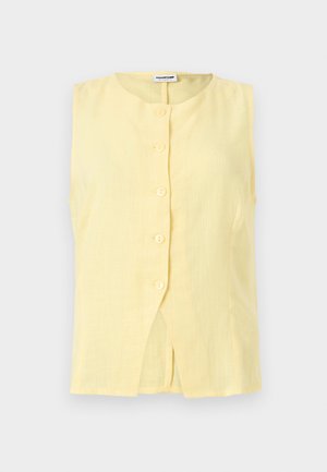 Ärmellose blassgelbe Leinenbluse mit rundem Ausschnitt und fünf Knöpfen vorne, mit einem kleinen Schlitz am Saum vorne.